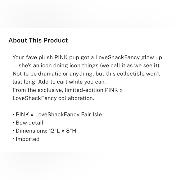 VS PINK X LOVESHACKFANCY MEDIUM DISPLAY STUFFED KNIT DOG PUP PRETTY FAIRISLE NIB - Picture 4 of 4